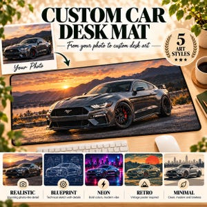 May include: A rectangular custom desk mat featuring a dark gray sports car parked against a sunset mountain landscape. The mat displays five distinct art styles: realistic, blueprint, neon, retro, and minimal, showcasing the car in various artistic renderings.