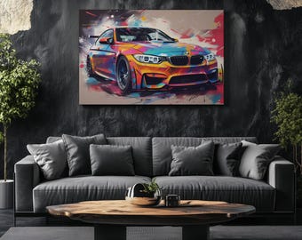 May include: A colorful abstract painting of a blue sports car with yellow and red accents. The car is set against a background of colorful splashes and streaks.