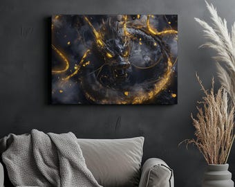 Golden Dragon Canvas – Japanese Mythical Beast Wall Art, Powerful Fantasy Poster, Asian Style Artwork Print, Gift for Dragon Lover