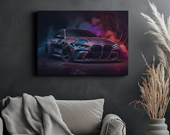 May include: A dark blue and gray sports car with a black grill and headlights. The car is surrounded by smoke and is set against a dark background.