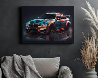 May include: A blue and orange sports car with black wheels and a black background. The car has a black grill and headlights.