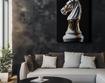 Golden Chess Knight Wall Art – Luxury Marble Horse Poster, Strategic Mindset Canvas, Modern Abstract Decor