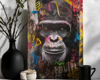 Graffiti Monkey Face Canvas – Street Art Wall Decor, Urban Pop Art Poster, Modern Animal Graffiti for Cool Interiors