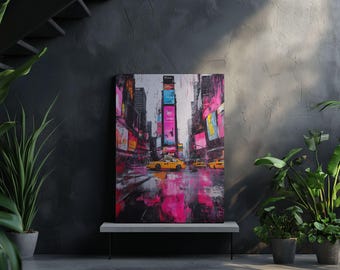 New York Times Square Wall Art – Neon Cityscape Canvas, Yellow Taxi Painting, Modern Urban Street Poster