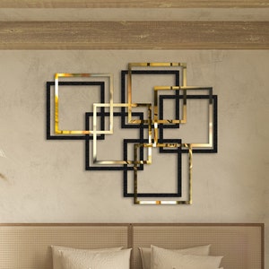 Metal Square Framed Plexiglass Modern Full Length Mirror Wall Decor, Bathroom Wall Art, New business Gift, Silver and Gold Home Decor