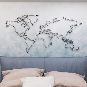 Große Weltkarte Metallwanddekor, Linie Kunst Weltkarte Bürodekor, Metallwanddekor, Reise-Wanddekor, Geschenk für Büro Housewarminggeschenk