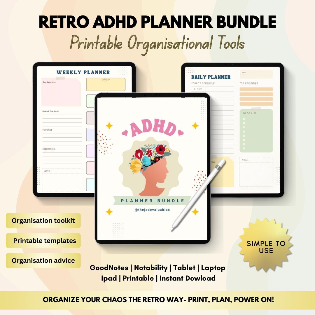 Retro ADHD Printable Planner Bundle | Focus & Organization Tools ...