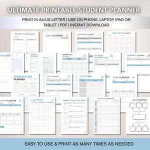 Printable Student Planner | Academic Planner PDF with 20+ Templates | Study Organizer, Homework Tracker, Assignment & Exam Planner, School O