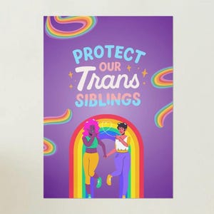 トランスジェンダーの兄弟姉妹を応援しよう！ポスター - 鮮やかな紫色のLGBTQ+ウォールアート、トランスジェンダーの権利を讃えるプライドデコレーション、クィアのアファメーションプリント、ジェンダーインクルーシビティGIF