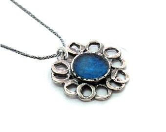 Blue Ancient Roman Glass Floral Pendant, Unique flower design, 925 Sterling Silver Drop Pendant, Gift for Her