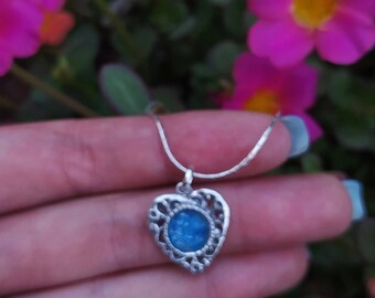 Roman Glass Heart Necklace, Silver Heart Necklace, Blue Heart Necklace, Women Gift, Boho Heart Necklace, Dangling Heart Charm