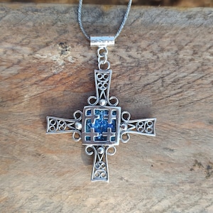 Antike römische Glas Jerusalem Kreuz Halskette, 925 Sterling Silber Große Jerusalem Kreuz Halskette, Heiliges Land Christlicher Schmuck