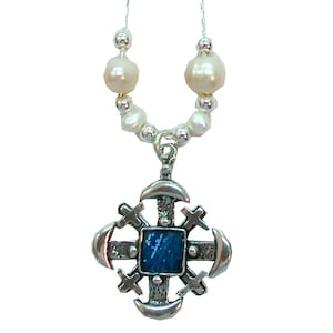 Römisches Glas Kreuz Halskette, 925 Sterling Silber Jerusalem Kreuz Halskette mit Süßwasserperlen, Jerusalem Kreuz Halskette Holyland Schmuck