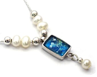 Blue Roman Glass Small Rectangle Silver Pendant with Pearls Beads, Israeli Jewelry, Drop Pendant, Gift for Her, Roman Glass Pendant