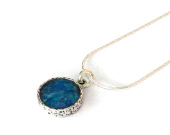 Ocean Blue Roman Glass Round 925 Silver Pendant, Israel Jewelry Women Gifts, Roman Glass Jewelry