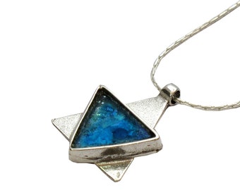 Blue Roman Glass Unique Pendant, Sterling Silver Judaica, Triangle Roman Glass Magen David, Holy Land Maghen David, Star of David Pendant