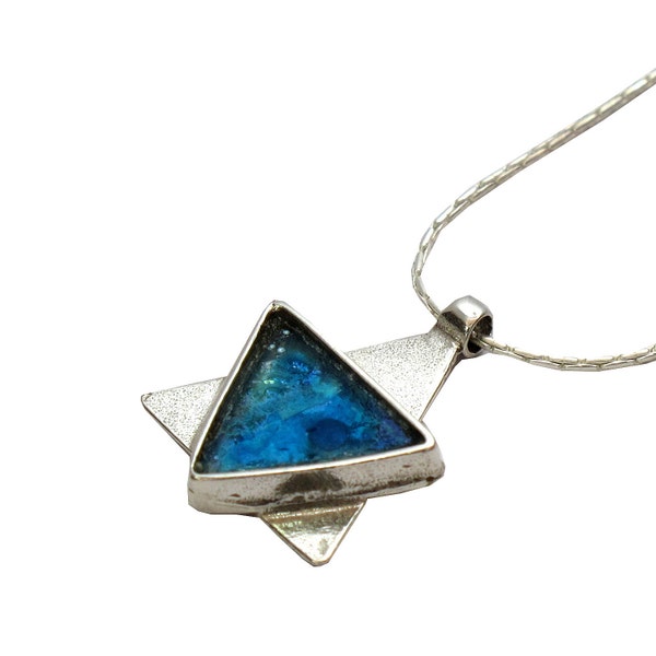 Blue Roman Glass Unique Pendant, Sterling Silver Judaica, Triangle Roman Glass Magen David, Holy Land Maghen David, Star of David Pendant