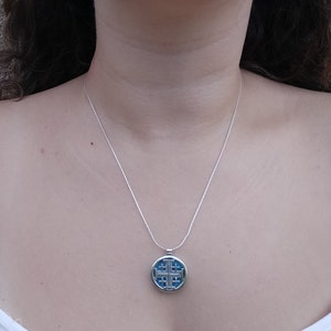 Große Jerusalem Kreuz Halskette, Römische Glas Halskette, Runde Jerusalem Kreuz, 925 Silber Kreuz, Heiliges Land Kreuz, Israel Christlicher Schmuck