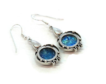 Blue Roman Glass Pomegranate Earrings, 925 Sterling Silver Rimmon Earrings, Israel Judaica Jewelry, Dangle Drop Earrings Gift for Women