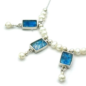 Blue Rectangle Roman Glass Trio Necklace with Freshwater Pearl, Artisan Sterling Silver Charm Necklace, Gift for Her, Roman Glass Necklace
