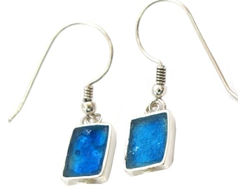 Ancient Roman Glass 925 Silver Earrings, Rectangle Earrings Design, Modern Jewelry, Dangle Drop Earrings, Minimalist Earrings, gift for Her
