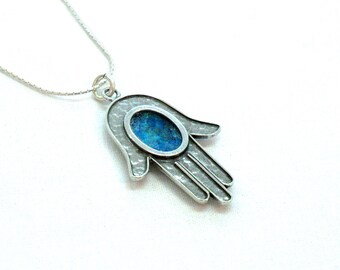 Roman Glass Bold Hamsa Pendant, Oval Roman Glass Sterling Silver Hand of Luck Pendant, Israel Jewelry, Everyday Drop Pendant