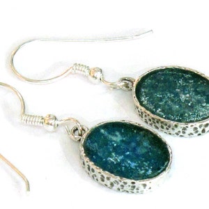 Blue Roman Glass Sterling Silver Oval Earrings, Israel Roman Glass Jewelry, Dangle Drop Earrings, Minimalist Earrings, gift for women