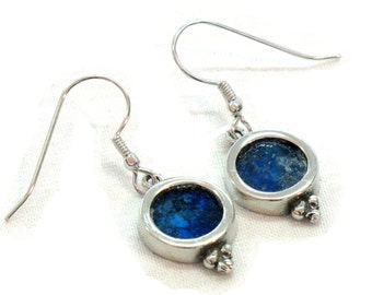 Blue Roman Glass Pomegranate Earrings, Small 925 Silver Earrings, Ancient Roman Glass Earrings, Israel Holy Land Jewelry, Rimmon Earrings