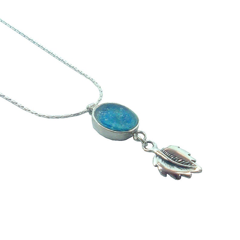 Unique Jewelry Gift Bat Jewelry Delicate sterling silver oval Roman glass pendant with Leaf design Small Oval Pendant Israel Jewelry