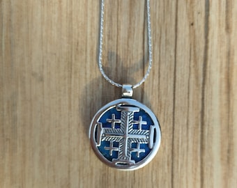 Large Jerusalem Cross Necklace, Roman Glass Necklace, Round Jerusalem Cross, 925 Silver Cross, Holy Land Cross, Israel Christian Jewelry