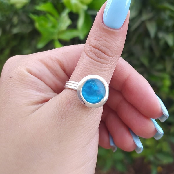 Amazing Round Roman Glass Ring, Artisan Sterling Silver Women Ring, Israel Jewelry Gift, Minimalist Ring, Statement Ring, Solitaire Ring