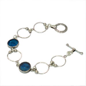 Blue Ancient Roman Glass Artisan Bracelet, 925 Sterling Silver Round Loops Bracelet, Silver Wire Link Bracelet, Gift for Her