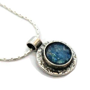 Ancient Roman Glass Sterling Silver Pendant Roman Glass Necklace Vintage Jewelry Modern Artisan Blue Contemporary Round Unique