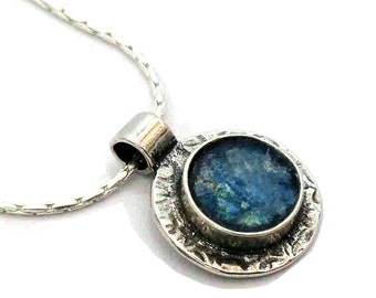Ancient Roman Glass Sterling Silver Pendant Roman Glass Necklace Vintage Jewelry Modern Artisan Blue Contemporary Round Unique