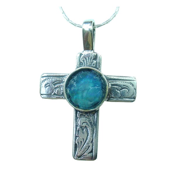 Roman Glass Floral Cross, 925 silver Cross, Roman Glass Cross Necklace, Cross Necklace, Israeli Jewelry, Christian Necklace, Holy Land Cross