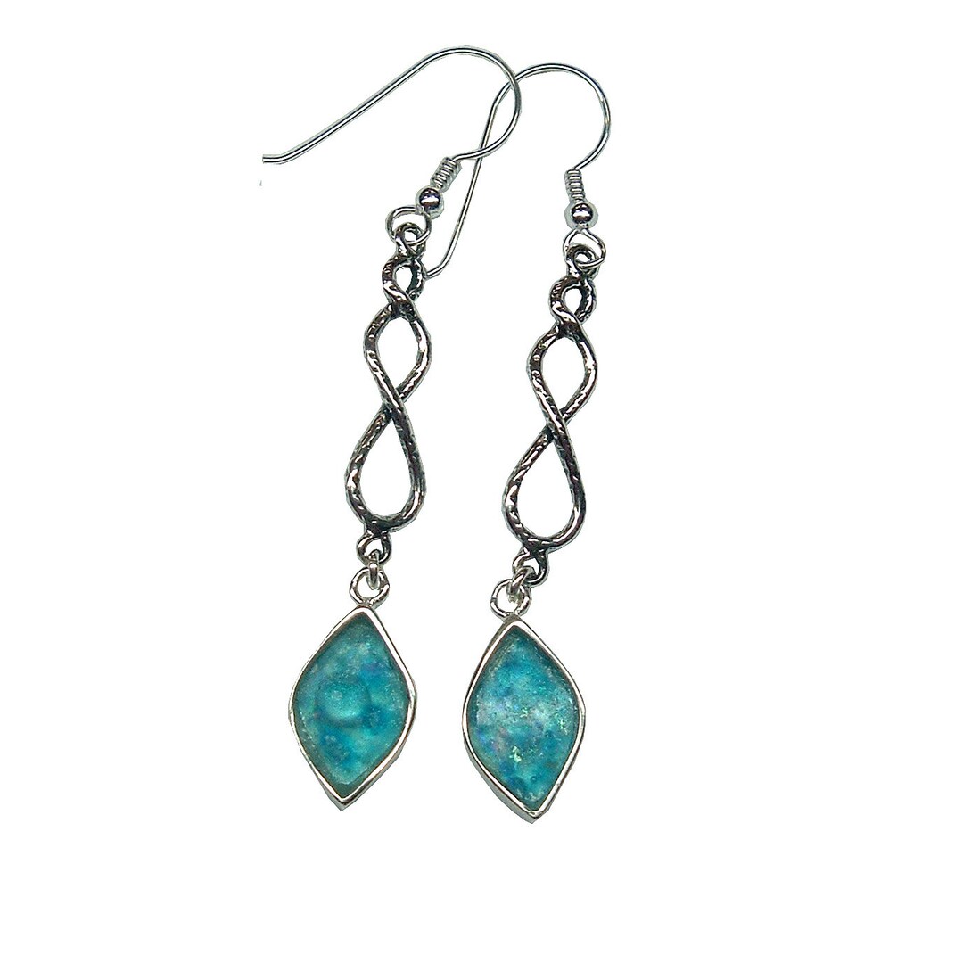 Blue Ancient Roman Glass Earrings, Sterling Silver Long Design Earrings