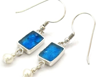 Small Roman Glass Earrings, Rectangle 925 Silver Earrings with Freshwater Pearl, Dangle Drop Earrings, Cluster Earrings, gift for women
