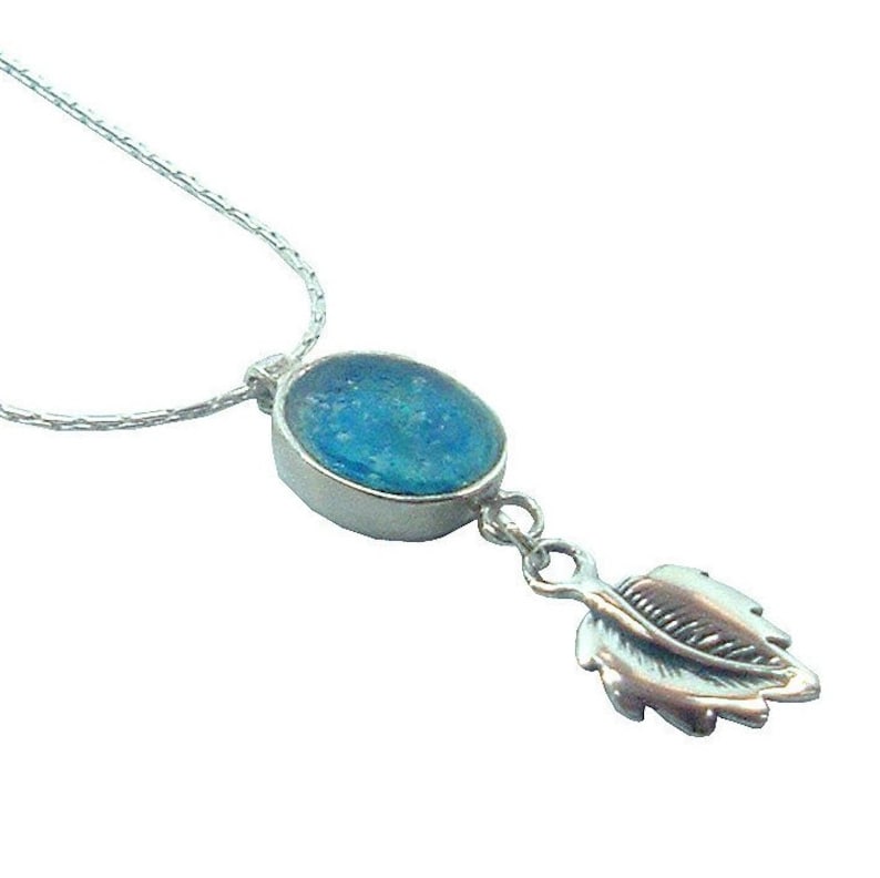 Unique Jewelry Gift Bat Jewelry Delicate sterling silver oval Roman glass pendant with Leaf design Small Oval Pendant Israel Jewelry