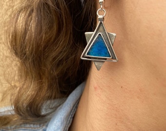 Star of David Earrings, Roman Glass Earrings, 925 Silver Blue Roman Glass, Maghen David Earrings, Judaica Earrings, Israel Jewelry Gift