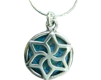 Blue Roman Glass Star of David Necklace, 925 Sterling Silver Round Magen David Pendant,  Roman Glass Necklace, Unique Judaica Israel Jewelry