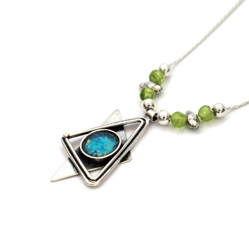 Roman Glass Artisan Magen David with Peridot Bead made in Israel Roman Glass Unique Sterling Silver Star of David Necklace