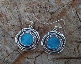 Round Ancient Roman Glass Earrings, Unique Design Sterling Silver Wire Earrings, Dangle Drop Earrings, Chandelier Earrings, gift for women