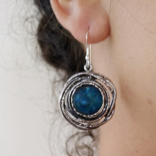 Blue Roman Glass Statement Earrings, Sterling Silver Wire Wrapped Earrings, Dangle Drop Earrings, Chandelier Earrings, gift for women