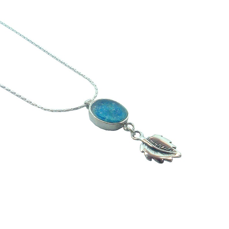 Unique Jewelry Gift Bat Jewelry Delicate sterling silver oval Roman glass pendant with Leaf design Small Oval Pendant Israel Jewelry