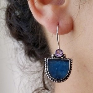 Blue Roman Glass Earrings, Roman Glass Jewelry, Vintage Dangle Earrings, Oxidized Silver Earrings, Purple Amethyst, Retro