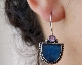 Blue Roman Glass Earrings, Roman Glass Jewelry, Vintage Dangle Earrings, Oxidized Silver Earrings, Purple Amethyst, Retro