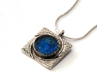 Blue Roman Glass Unique Hammered Sterling Silver Pendant, Square Textured Drop Pendant, Gift for Her, Roman Glass Pendant, Pendant Necklace