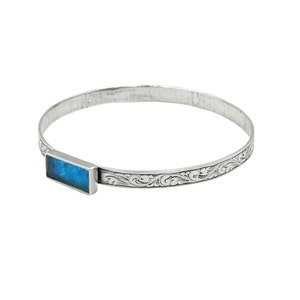 Roman Glass Bracelet, Engraving 925 Silver Bangle Bracelet with Oval Roman Glass, Flower Design Cuff Bracelet, Gift for Her, Artisan Jewelry image 4