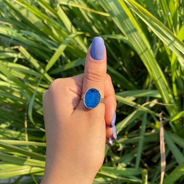 Unique Artisan Oval Ring, Sterling Silver Blue Ancient Roman Glass Ring, Israel Jewelry, Gift for women, Statement Ring, Solitaire Rings