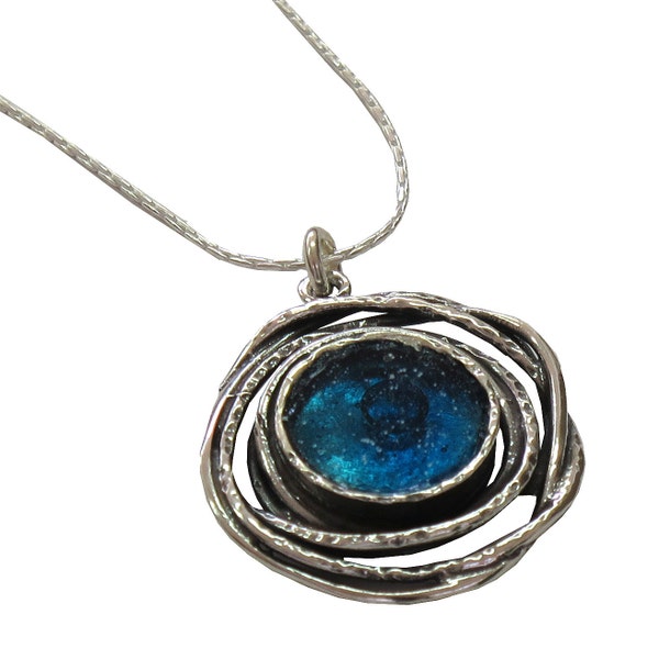 Blue Roman Glass Pendant, Fantasy Pendant, Boho Chic Pendant, 925 Silver  Pendant, Israeli Jewelry, Silver Wire Pendant, Roman Glass Pendant